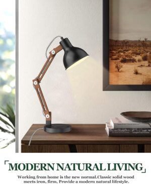 ELYONA Modern LED Desk Lamp with Upgraded Wireless Charger & USB C Charging Port Sapele Wood Table Lamp Swing Arm Bedside Reading Task Light for Dorm Office Bedroom Living Room Bulb Included Black