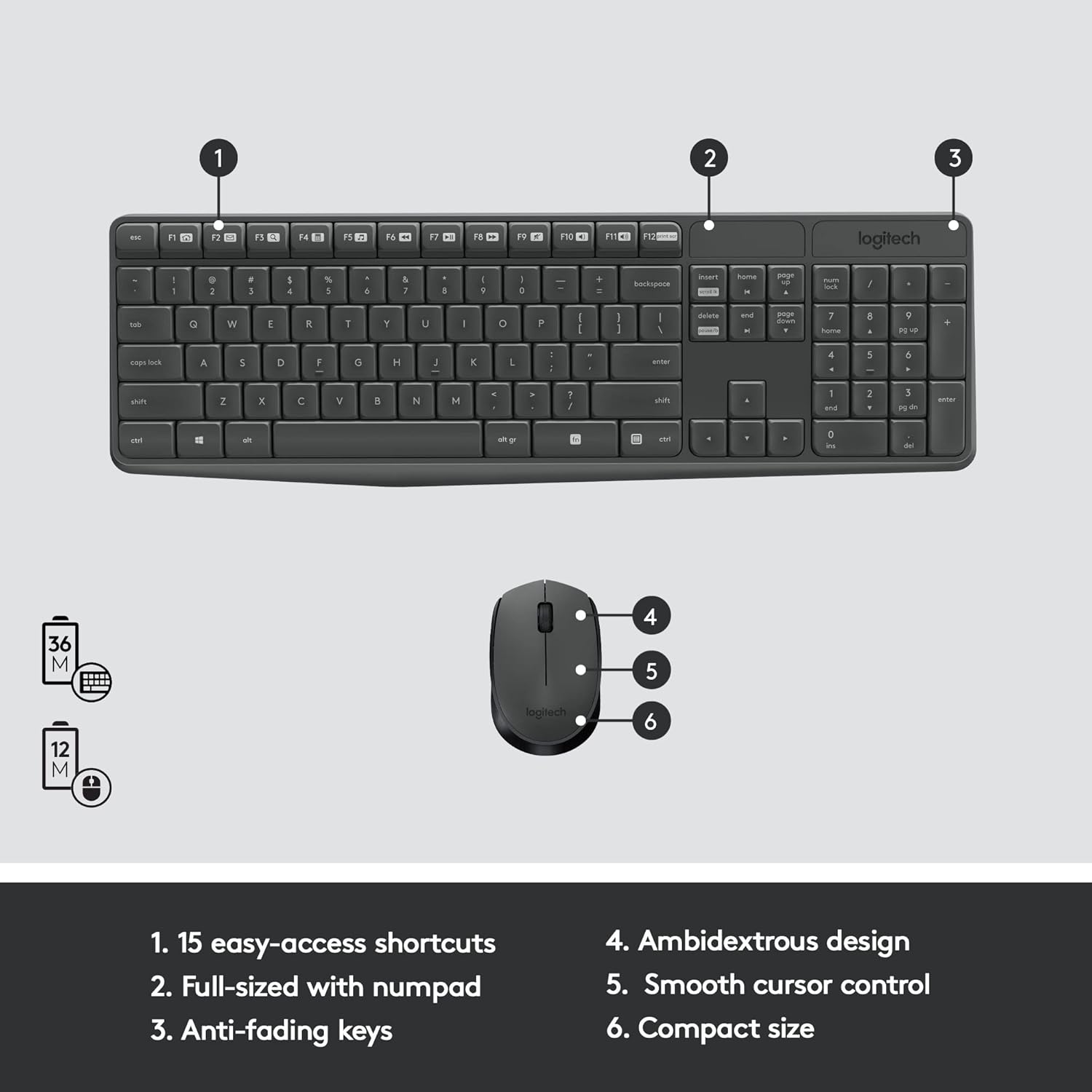Logitech MK235 Wireless Keyboard and Mouse Combo for Windows, 2.4 GHz Wireless Unifying USB Receiver, 15 FN Keys, Long Battery Life, Compatible with PC, Laptop - Image 6