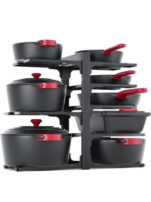 MUDEELA 8-Tier Pots and Pans Organizer under Cabinet, 15.83" Height Heavy Duty Pot Pan Organizer Kitchen Cabinet Organization and Storage, Adjustable Pot Rack for Frying Pan, Cast Iron Skillet, Black