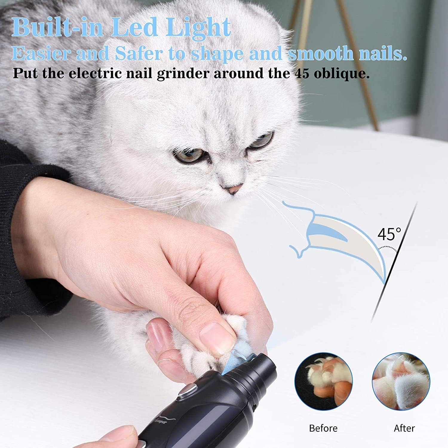 Pet Nail Grinder with LED Light & 2 Grinding Heads, 2-Speed Low Noise & More Powerful Dog Nail Grinder, Pet Nail Trimmer File, Painless Paw Claw Care, Quiet Toenail Grooming Tool for L/M/S Dogs/Cats - Image 3