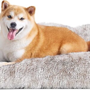 EHEYCIGA Fluffy Dog Crate Bed for Large Dogs, Plush Faux Fur Crate Pad, Calming Anti Anxiety Large Dog Bed, Washable Soft Warm Mat with Non-Slip Bottom, Brown