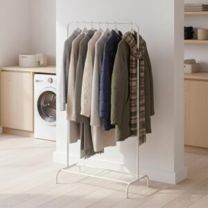 White Clothing Rack, Modern 45" Height Garment Rack for Small Spaces, Stable Standing Clothes Organizer with Bottom Shelf, Portable Rack for Dorm, Apartment & Studio, 92LBS Max Capacity