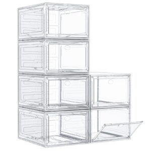 Thicken & Sturdy Clear Shoe Storage Organizer with Magnetic Door, Stackable Boxes for Closet, Foldable Space-Saving Shoe Rack for Sneaker Boot Container, Plastic Shoe Cabinet Shoe Box 6 Pack, White