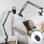 Phone Holder for Bed Desk, Overhead Phone Mount with Wireless Remote, Flexible Phone Stand Lazy Bracket Mount Long Arms Clamp for iPhone, Samsung, Google Pixel, Moto