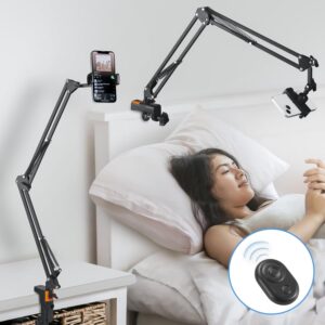 Phone Holder for Bed Desk, Overhead Phone Mount with Wireless Remote, Flexible Phone Stand Lazy Bracket Mount Long Arms Clamp for iPhone, Samsung, Google Pixel, Moto