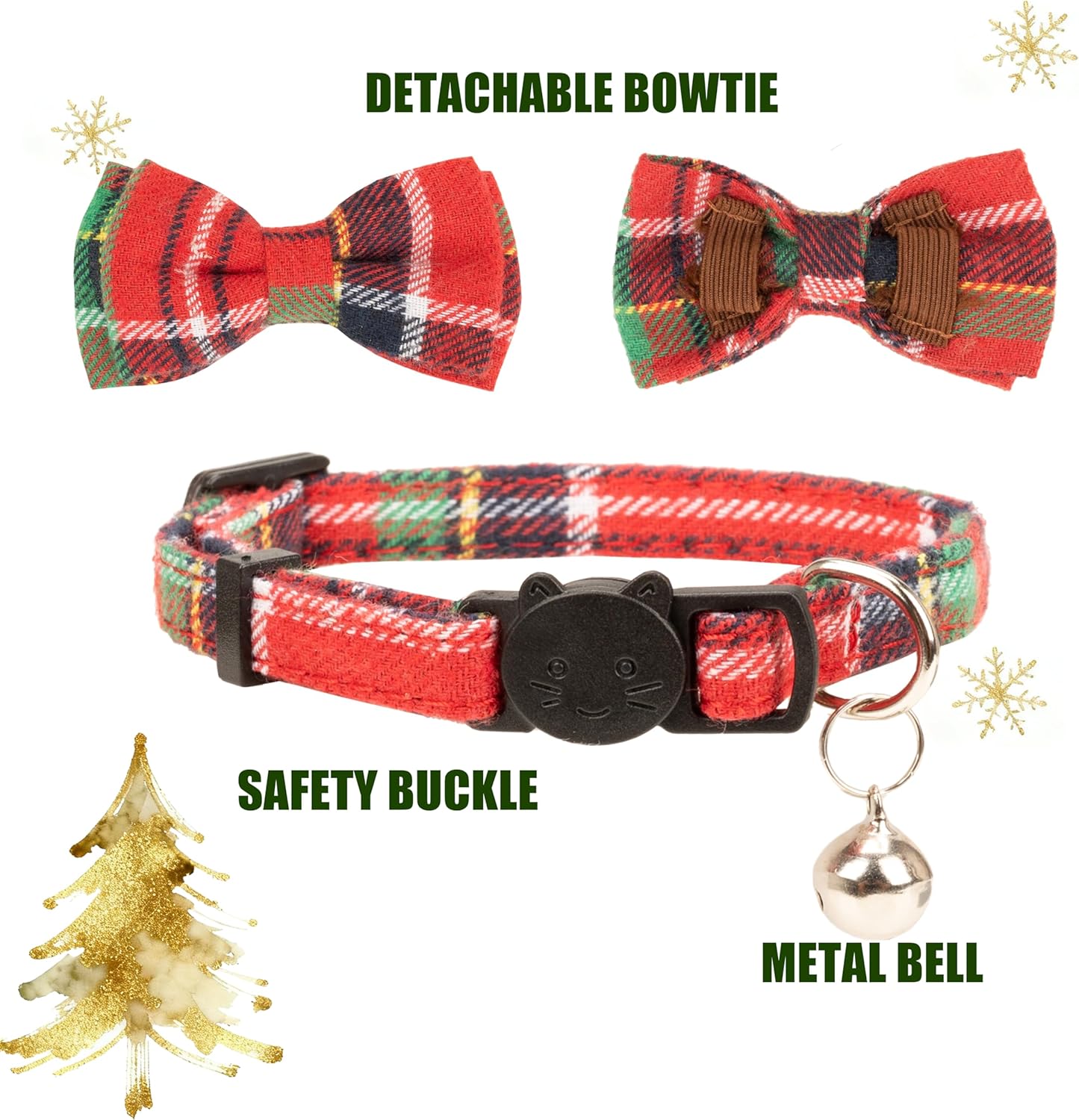 Christmas Cat Collar with Bow Tie Flower Sailor Bowtie Breakaway Safety Detachable Plaid Kitten Cats Pet Cute 2pcs Xmas-A - Image 4