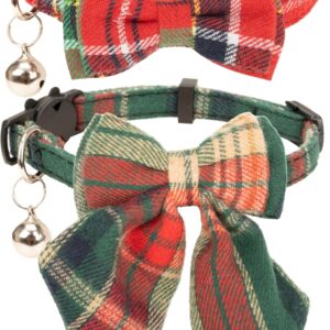 Christmas Cat Collar with Bow Tie Flower Sailor Bowtie Breakaway Safety Detachable Plaid Kitten Cats Pet Cute 2pcs Xmas-A