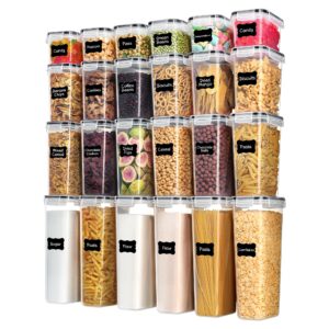 Airtight Food Storage Containers with Lids, Vtopmart 24 pcs Plastic Kitchen and Pantry Organization Canisters for Cereal, Dry Food, Flour and Sugar, Includes 24 Labels，Black