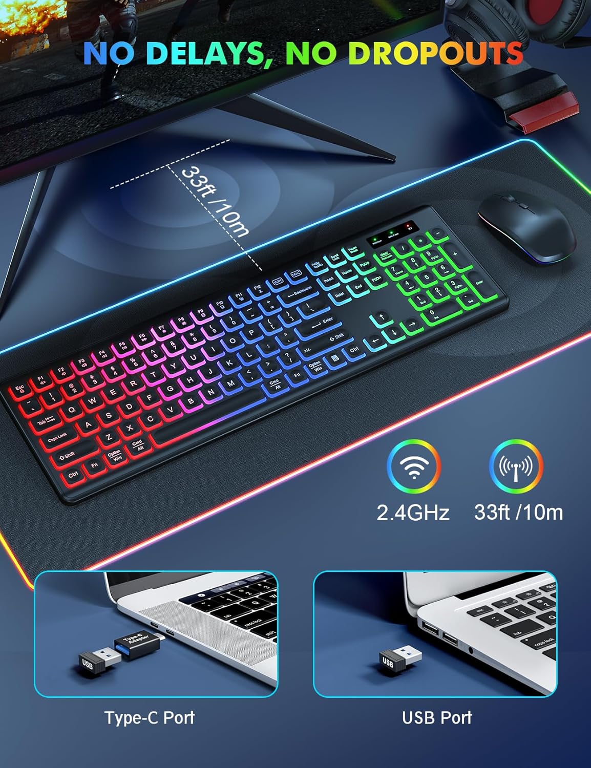 Wireless Keyboard and Mouse Combo, RGB Backlit, Rechargeable & Light Up Letters, Full-Size, Soft Typing, Sleep Mode, 2.4GHz Quiet Keyboard Set for Mac, Windows, Laptop, PC, Trueque KM42Pro (Black) - Image 4