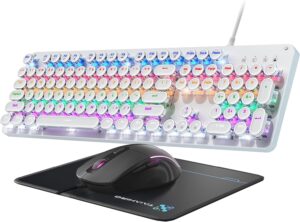 Typewriter Mechanical Gaming Keyboard and Mouse, Metal Panel Retro Keyboards with Round Keycap Blue Switch, Rainbow LED Backlit 104-Key Anti-Ghost Wired Mouse and Pad Combo for PC Laptop Mac Gamer