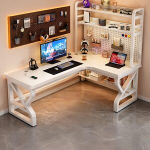 L Shaped Desk with Hutch and DIY Pegboard, Modern Corner Writing Table with USB Charging Station, Space-Saving Study Workstation for Bedroom Student, 25mm Thickened Desktop(White,Right,47.2in)