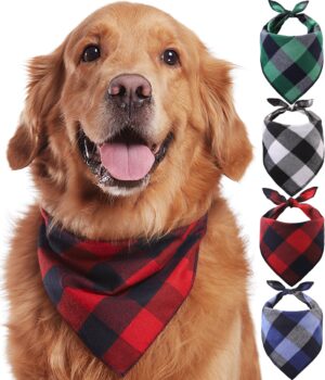 Buffalo Plaid Dog Bandana 4 Pack - Cotton Bandanas Handkerchiefs Scarfs Triangle Bibs Accessories for Small Medium Large Dogs Puppies Pets Black and White Red Green Blue and Navy Blue