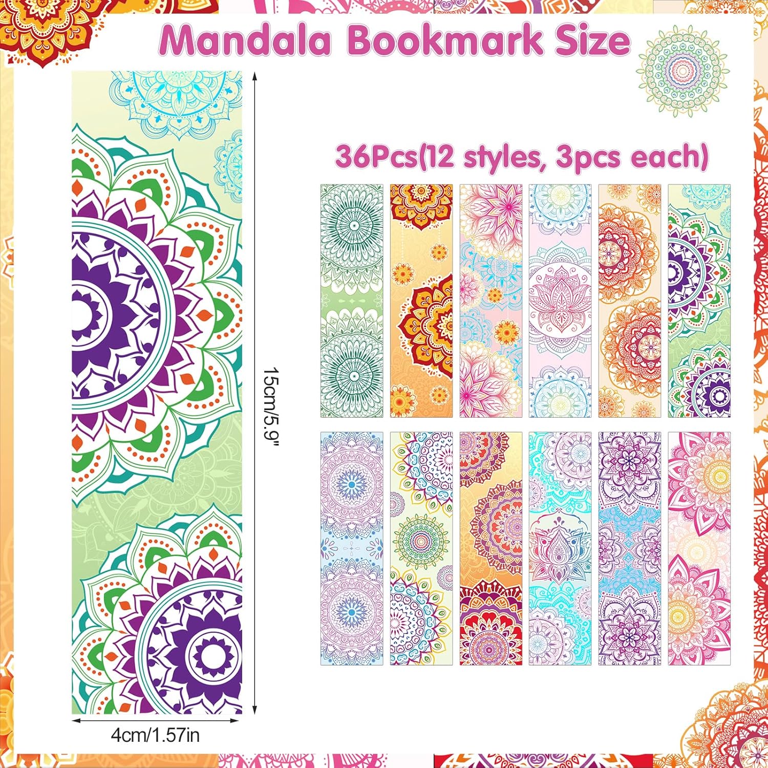 36 Pcs Mandala Paper Bookmarks, Double-Sided Paper Page Markers Bulk, Flower Bookmark Clips Reading Markers, Back to School Supplies for Students and Friends, Reading Gifts (15x4cm) - Image 3
