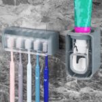 5 Slots Wall Mount Toothbrush Holder with Cover, Self Adhesive Toothbrush Storage Organizer for Shower, Toothbrush Hanger with Automatic Toothpaste Squeezer Dispenser (Grey)