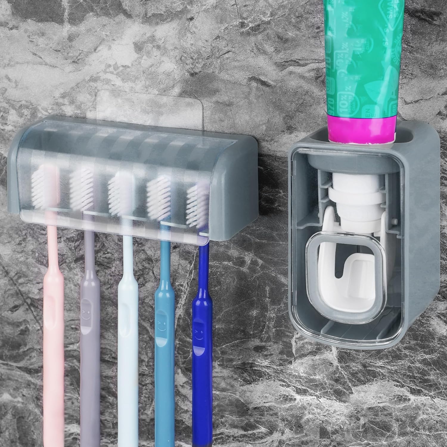 5 Slots Wall Mount Toothbrush Holder with Cover, Self Adhesive Toothbrush Storage Organizer for Shower, Toothbrush Hanger with Automatic Toothpaste Squeezer Dispenser (Grey)