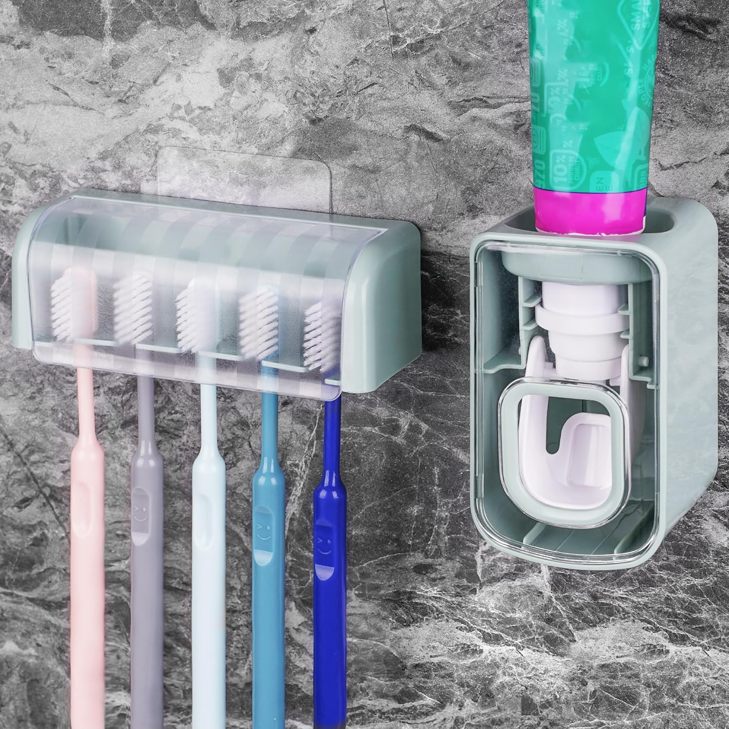 5 Slots Wall Mount Toothbrush Holder with Cover, Self Adhesive Toothbrush Storage Organizer for Shower, Toothbrush Hanger with Automatic Toothpaste Squeezer Dispenser (Grey) - Image 7