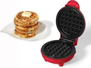 Starfrit Electric Mini Waffle Maker - 4" Non-Stick Cooking Surface - Easy to Use & Clean - Red - 350W